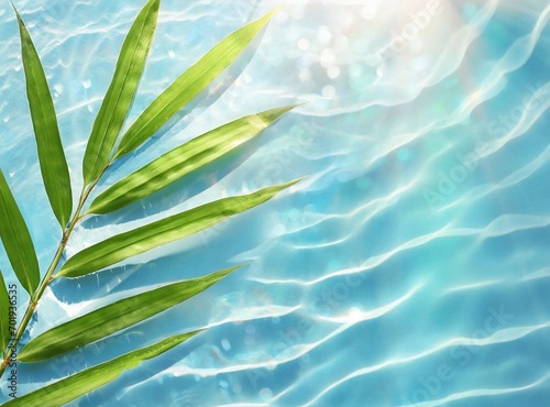 Spa background banner with green bamboo leaf on white transparent water wave in sunlight, concept with copy space for travel, cosmetics and beauty care