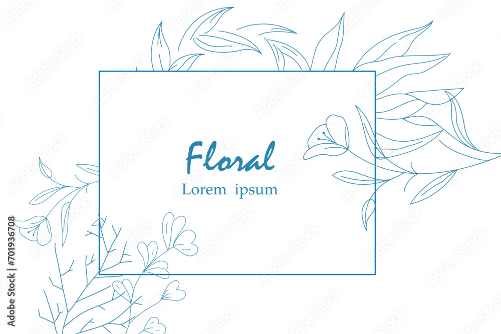 Elegant hand drawn floral frame with delicate flowers, branches and leaves in line art style. Greeting card template. Vector illustration for label, corporate identity, wedding invitation