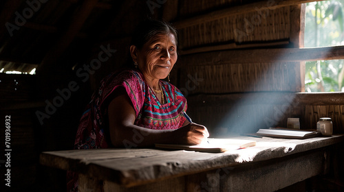 An indigenous woman writing in a notebook photo