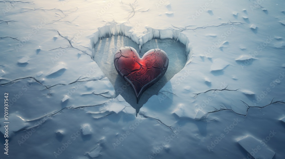 Fototapeta premium A beautiful romantic heart against the background of white frosty snow in winter. The concept of love and Valentine's Day. Abstract background. A symbol of love and loyalty.