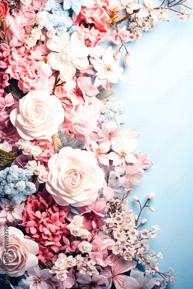 frame of pink rose flowers with blue background