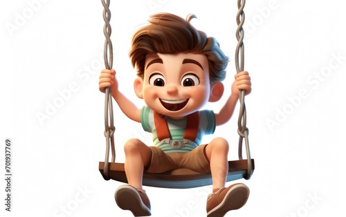 Happy boy sitting on a park swing Isolated on white background.