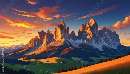 Italy Dolomites Schlern sunset. Mountain in Schlern, Italy. Generative AI photo