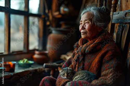Grandmother sitting in an old chair, cat sleeping on her lap, old cozy house, concept with copy space, caring for loved ones