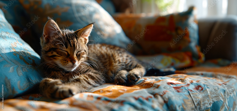 custom made wallpaper toronto digitalKitten dozing on the sofa after playing and breakfast, love and care for pets, concept with free space for World Sleep Day