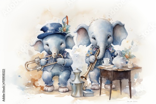 Whimsical elephants enjoying a musical tea time. AI Generated