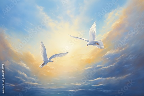 Birds soaring in a serene sunset sky. AI Generated