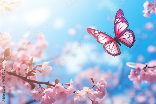 Blooming Sakura Branches with Pink Flowers and a Butterfly on a Spring Sunny Day