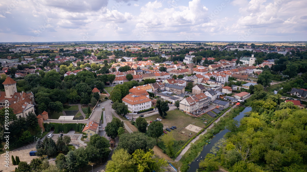 view of the city of pułtusk, view of the castle and the old town, drone shot