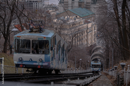 Kyiv, Ukraine - January 2, 2024: a funicular rises in Podil near Postova Square. In this way, people quickly get to the right place or just go for a ride.