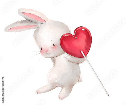 Rabbit with heart cute Valentines day card element. Illustration isolated on white background.
