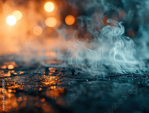Smoke On Cement Floor With Defocused Fog In Abstract Background