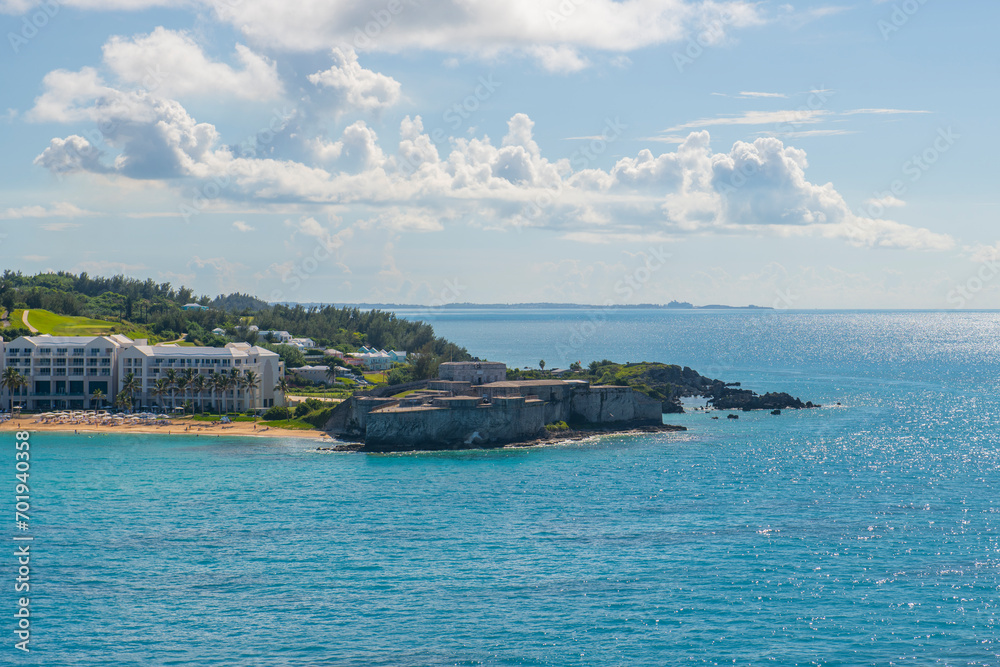 Fort St. Catherine aerial view, viewed from the sea. The fort is near St. George's Town in Bermuda and is a World Heritage Site since 2000. 