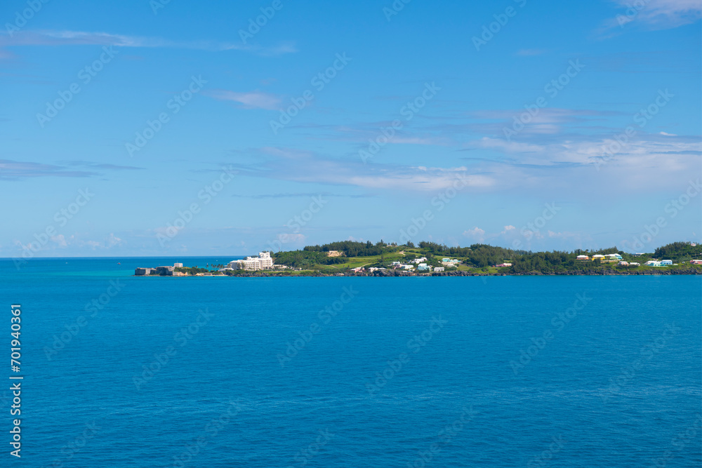 Fort St. Catherine and St. George's Island aerial view, viewed from the sea. The fort is near St. George's Town in Bermuda and is a World Heritage Site since 2000. 