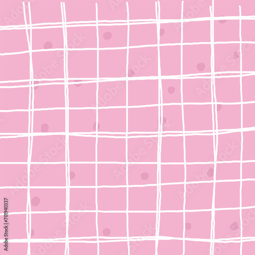 Hand drawn pink white plaid pattern. Check, square doodle background. Line art freehand grid. Crossing white stripes brush stroke. Notebook Texture. Abstract Psychedelic print with Wavy Doodle Stripes