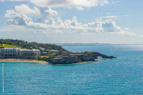 Fort St. Catherine aerial view, viewed from the sea. The fort is near St. George's Town in Bermuda and is a World Heritage Site since 2000.  photo