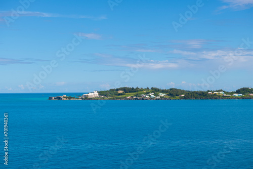 Fort St. Catherine and St. George's Island aerial view, viewed from the sea. The fort is near St. George's Town in Bermuda and is a World Heritage Site since 2000. 