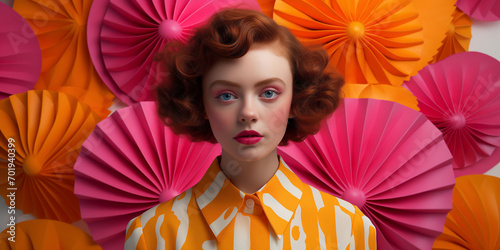 Portrait of a lady in an orange shirt in front of orange and pink paper background. Cover for a fashion magazine. Banner or greeting card for International Women's Day. Music album cover.