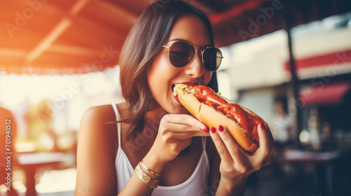 A cheerful young woman enjoys a delicious hot dog at an outdoor cafe  immersed in the lively urban atmosphere  fast food concept