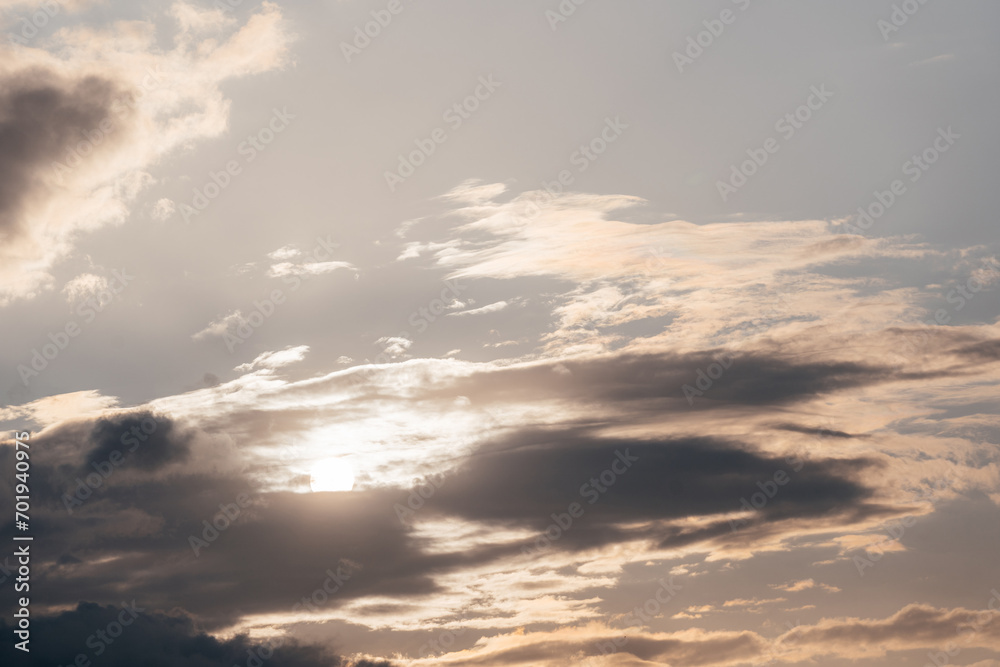 Obraz premium Colorful sunset with clouds in the evening, Fantastic view of the dark overcast sky. Dramatic and picturesque morning scene, Panorama of a textured purple sky at sunset