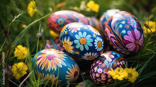 Background of natural colored colored eggs, top view from the place to copy.Lots of colorful Easter eggs and flowers fill the background.