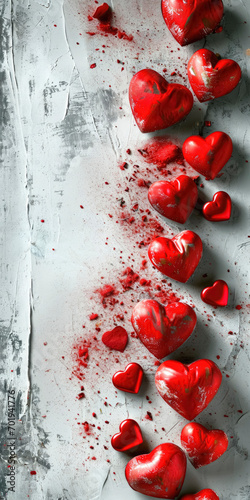 Red hearts on white background. Valentine's Day backdrop. Vertical banner