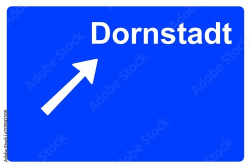 Illustration eines Autobahn-Ausfahrtschildes mit der Beschriftung "Dornstadt"