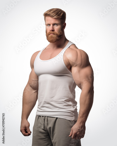 Man with huge muscles wearing a white tank top on a white background