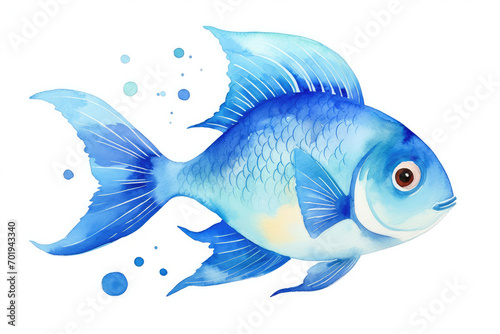 Watercolor blue fish on a white background illustration kids picture
