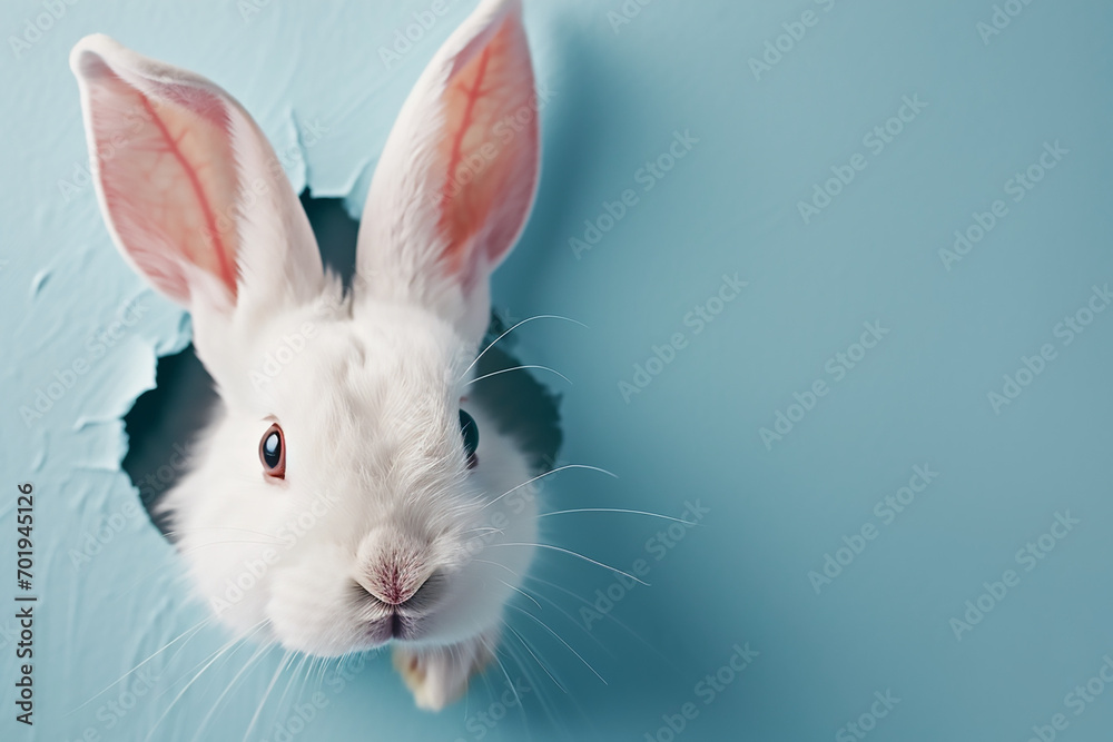 Fototapeta premium Adorable white bunny looking through the hole in the blue baclkroung. Easter add. copy space. High quality photo