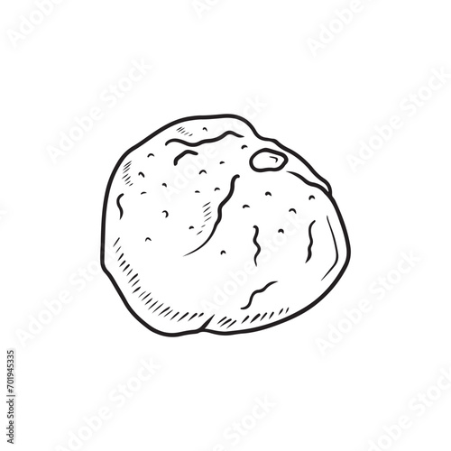 Tasty delicious home made christmas donut loaf bun with citron pineapple candied fruit in black isolated on white background. Hand drawn vector sketch illustration in doodle vintage engraved line art.