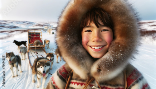 Inuit boy in the snow, wearing Reindeer hide parka with dog fur trim around the face.The Inuit people are an Arctic indigenous population of Alaska, Canada, and Greenland photo