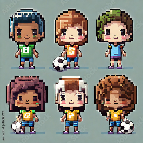 Set of pixel boy and girl soccer players. 8 bit vector illustration. photo