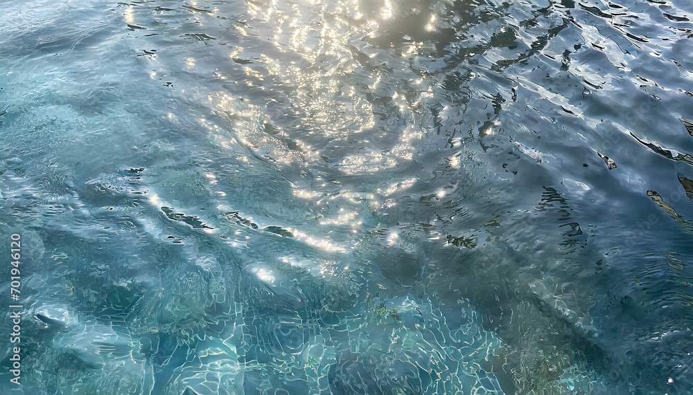 background of the blue sea water surface with sun rays and lens flare - obrazy, fototapety, plakaty 