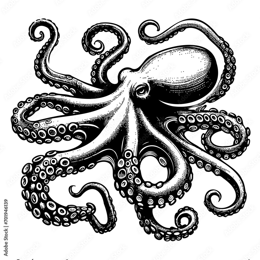 tentacles octopus drawing on white background - obrazy, fototapety, plakaty 
