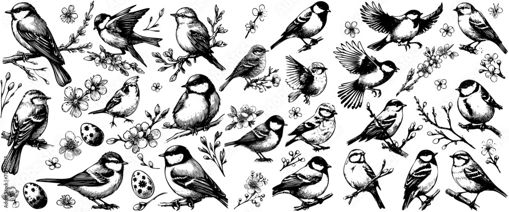 Bird hand drawn set in vintage style with flowers. Spring birds sitting ...