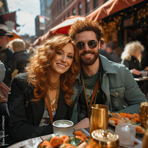 Joyful Couple Sharing a Meal at a Bustling Food Festival