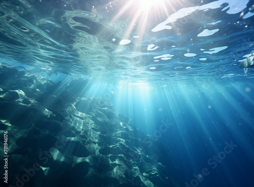 beautiful abstract blue ocean background with underwater scene with rays of light, sun rays and bottom  © Evvvgenias