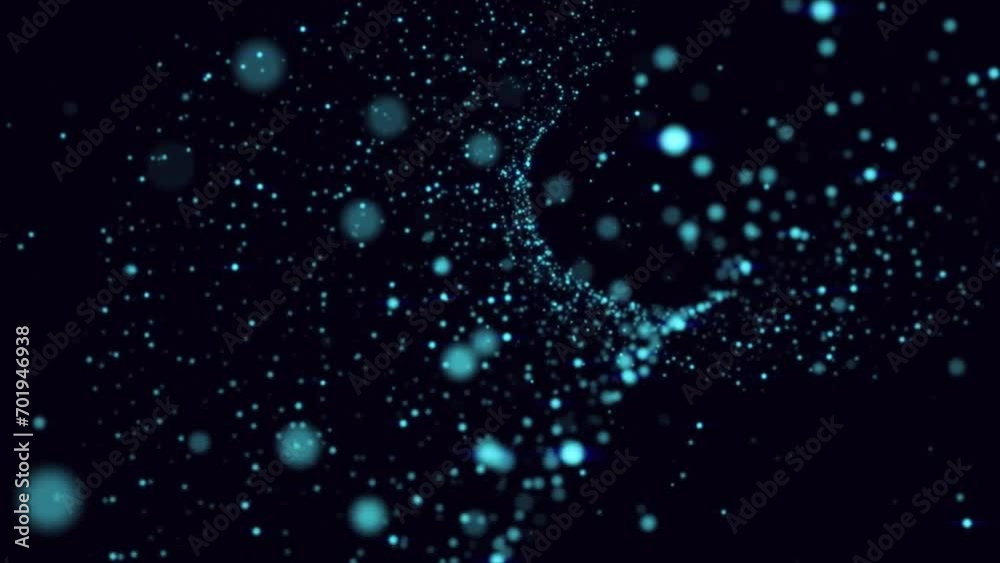 Blue bokeh particles dust abstract background. Futuristic glittering in space on blue background