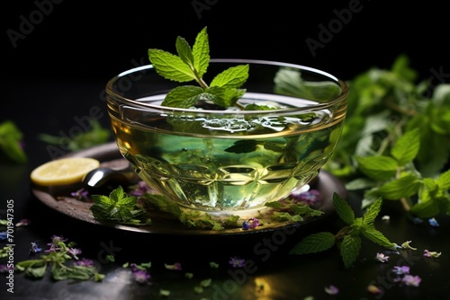Invigorating herbal tea, adorned with mint leaves, glistens on dark