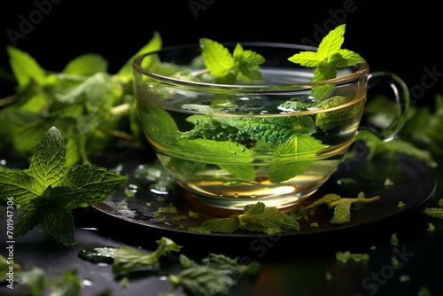 Invigorating herbal tea, adorned with mint leaves, glistens on dark
