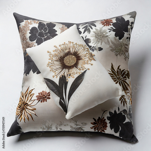 Colorful decorative pillow with floral pattern on a white wooden background photo