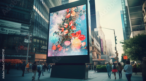 Interactive digital billboard in a busy city center displaying dynamic advertisements and information.