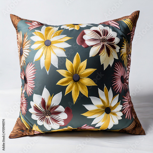 Colorful decorative pillow with floral pattern on a white wooden background photo