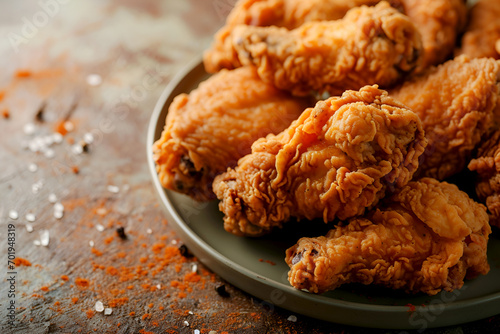 Crispy fried chicken, savory meal. Crispy Kentucky chicken wings on a plate, close up. Fried chicken feast, salt and spice