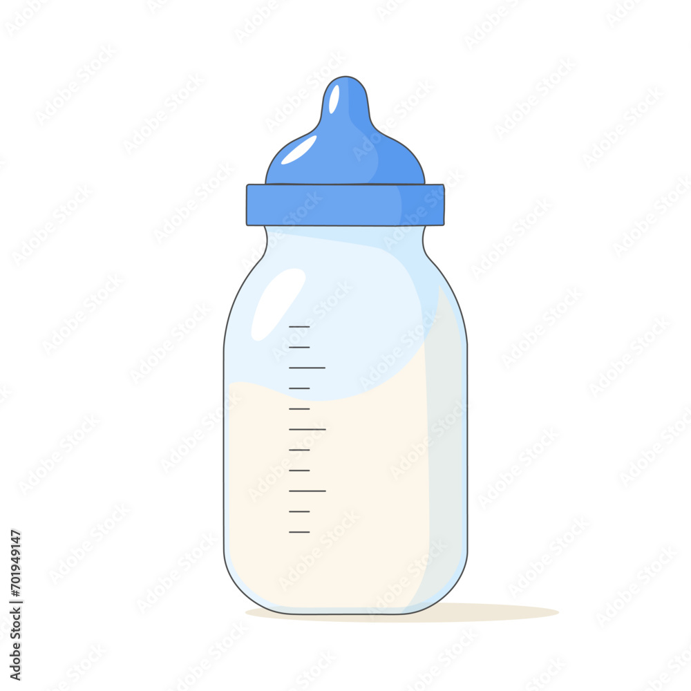 Baby milk bottle. Nutrition in the plastic container for a newborn. White drink, dairy product. Isolated vector Baby milk bottle. Nutrition in the plastic container for a newborn. White drink, dairy product. Isolated vector