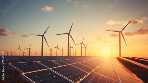 Fototapeta Naklejka Na Ścianę i Meble -  Solar panels and wind turbines in a large renewable energy farm against a sunset sky.