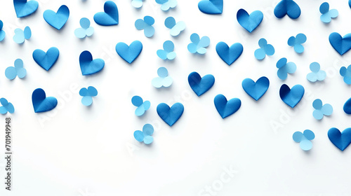 Blue and white background in the shape of a heart. Background hearts. Perfect template for birthday, holiday greeting and invitation card. Chaotically scattered blue paper hearts and shamrocks.