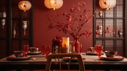 Chinese dining room decorated for lunar new year celebration