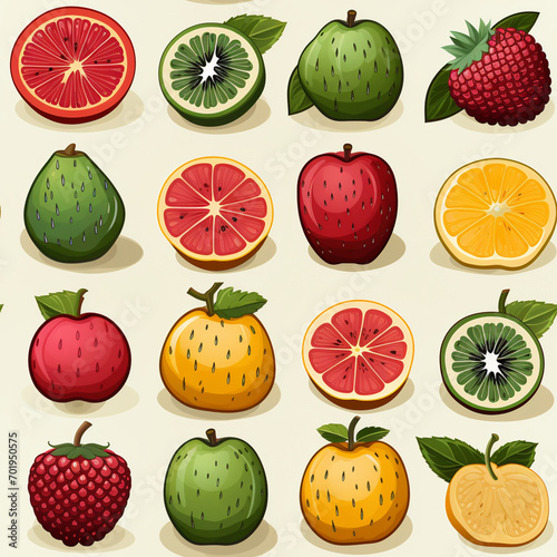 Seamless Pattern Fruits with Orange, Kiwi, Strawberry, Guava, Ra photo